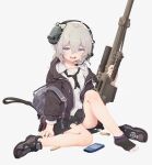  1girl :d absurdres ahoge backpack bag black_neckwear black_skirt bolt_action cheytac_m200 collarbone collared_shirt commentary_request full_body girls_frontline greentree grey_hair gun hair_between_eyes headset highres jacket korean_commentary legs long_hair looking_at_viewer loose_necktie m200_(girls_frontline) messy_hair necktie off_shoulder open_clothes open_jacket open_mouth pleated_skirt ponytail rifle shell_casing shirt shoes single_shoe sitting skirt smile sniper_rifle socks solo torn_clothes torn_footwear torn_necktie torn_skirt violet_eyes weapon white_shirt 