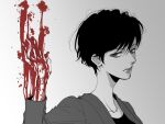  1girl abstract akeboshi_miki bleeding blood bloody_hands expressionless eyebrows_behind_hair greyscale higashiyama_kazuko lips lipstick looking_to_the_side makeup monochrome mozu_(tv_series) pixie_cut short_hair solo spot_color upper_body 