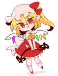  1girl ascot blonde_hair bow crystal fang flandre_scarlet frilled_shirt frilled_shirt_collar frilled_skirt frilled_sleeves frills hat hat_ribbon highres laevatein medium_hair mob_cap one_side_up op_na_yarou puffy_short_sleeves puffy_sleeves red_bow red_eyes red_ribbon red_skirt red_vest ribbon shirt short_hair short_sleeves side_ponytail simple_background skirt skirt_set smile touhou vest white_background white_shirt wings yellow_neckwear 