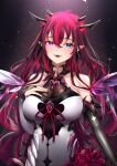  1girl bangs blue_eyes breasts demon_horns english_commentary feron_(fenuxron) hair_between_eyes heterochromia highres hololive hololive_english horns irys_(hololive) large_breasts long_hair looking_at_viewer open_mouth pointy_ears redhead smile solo violet_eyes virtual_youtuber 