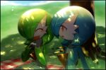  2girls ^_^ alternate_color bangs black_border blue_hair blue_skin blue_sky blurry blurry_background blush blush_stickers bob_cut border closed_eyes clouds colored_skin commentary dappled_sunlight day eating eyebrows_visible_through_hair flat_chest food food_bite food_on_face gardevoir gen_3_pokemon grass green_hair green_skin hair_over_one_eye hands_up happy holding holding_food looking_at_another lotosu multicolored multicolored_skin multiple_girls musical_note onigiri open_mouth orange_eyes outdoors picnic pokemon pokemon_(creature) rice rice_on_face rug shiny shiny_hair shiny_pokemon short_hair sideways_mouth sitting sky smile sunlight tree two-tone_skin under_tree upper_body white_skin 