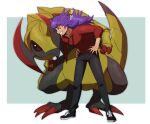  1boy alternate_costume bangs bent_over black_footwear black_pants dark-skinned_male dark_skin facial_hair gen_5_pokemon grin hands_on_hips haxorus heart highres hood hoodie legs_apart leon_(pokemon) long_hair male_focus morio_(poke_orio) pants pokemon pokemon_(creature) pokemon_(game) pokemon_swsh purple_hair red_hoodie shoes smile sneakers standing yellow_eyes 