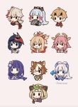 3boys 6+girls :&lt; :3 ahoge animal_ears animal_hood bangs black_hair blonde_hair blue_hair blunt_bangs braid brown_hair chibi closed_mouth crossed_bangs english_commentary fish genshin_impact gorou_(genshin_impact) hair_between_eyes hair_ornament hair_ribbon hand_fan headband highres holding holding_fan hood hood_up japanese_clothes kaedehara_kazuha kamisato_ayaka kujou_sara leaf leaf_on_head light_brown_hair long_hair mask mask_on_head melanbread mole mole_under_eye multicolored_hair multiple_boys multiple_girls one_eye_closed open_mouth pink_background pink_hair ponytail purple_hair raiden_(genshin_impact) ribbon sangonomiya_kokomi sarashi sayu_(genshin_impact) short_hair silver_hair simple_background single_braid smile streaked_hair thoma_(genshin_impact) tress_ribbon twitter_username white_hair yae_miko yoimiya_(genshin_impact)