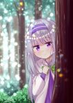  1girl bangs blunt_bangs blurry blush_stickers bow bowtie commentary_request depth_of_field emilia_(re:zero) eyebrows_visible_through_hair forest hair_ornament hairband long_hair looking_at_viewer m_ko_(maxft2) nature peeking_out pointy_ears pout re:zero_kara_hajimeru_isekai_seikatsu sidelocks silver_hair solo tree violet_eyes 