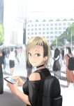  1girl backpack bag black_choker black_shirt blonde_hair brown_eyes cellphone choker closed_mouth clothing_cutout from_side highres holding holding_phone kilye_kairi looking_at_viewer looking_back original people phone shirt shoulder_cutout smartphone smile solo_focus 