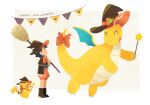  1boy alternate_costume ash_ketchum black_hair boots bow broom brown_capelet brown_footwear brown_headwear capelet closed_eyes closed_mouth commentary_request dododo_dadada dragonite from_side gen_1_pokemon hat hatted_pokemon holding holding_broom holding_wand male_focus orange_bow orange_shorts pikachu pokemon pokemon_(anime) pokemon_(creature) pokemon_swsh_(anime) puffy_shorts short_hair shorts smile standing striped striped_bow wand witch_hat 
