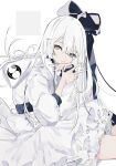  1girl bangs black_bow bow closed_mouth dress eyebrows_visible_through_hair grey_eyes hair_between_eyes hair_bow highres jacket long_hair long_sleeves looking_at_viewer maimuro nail_polish original simple_background sitting sleeves_past_wrists solo white_dress white_hair 