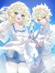  1boy 1girl bangs blonde_hair blue_eyes blush breasts brother_and_sister castor_(fate) fate/grand_order fate_(series) galibo heroic_spirit_tour_outfit highres long_sleeves looking_at_viewer medium_breasts medium_hair open_mouth pollux_(fate) short_hair siblings smile twins 