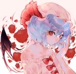  1girl bare_shoulders blue_hair bow charu_(mmg_g99) collarbone eyelashes fingernails flower frills hair_between_eyes hat long_eyelashes mini_wings off_shoulder parted_lips puffy_sleeves red_bow red_eyes red_flower red_rose remilia_scarlet rose shiny shiny_hair short_hair solo touhou triangle_mouth vampire white_headwear wings 