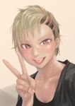  1girl :p biting_tongue black_shirt blonde_hair blush buzz_cut fingernails grey_background grey_eyes hair_ornament hairclip highres kilye_kairi looking_at_viewer nail_polish original pink_nails shirt short_hair smile solo tongue tongue_out upper_body v very_short_hair 