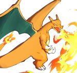  blurry breathing_fire charizard claws fangs fire flame gen_1_pokemon looking_to_the_side morio_(poke_orio) no_humans open_mouth pokemon pokemon_(creature) simple_background solo tongue white_background 