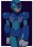  1boy absurdres android armor arms_at_sides blue_bodysuit blue_headwear bodysuit border closed_mouth commentary_request frown gloves green_eyes helmet highres hoshi_mikan looking_to_the_side male_focus mega_man_(series) mega_man_x_(character) mega_man_x_(series) outside_border purple_background robot_ears serious solo standing white_border white_gloves 