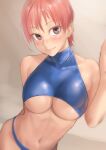  1girl bare_arms bare_shoulders bikini blue_bikini blush breasts brown_eyes closed_mouth contrapposto grey_background highres kilye_kairi large_breasts looking_at_viewer navel original pink_hair short_hair smile solo swimsuit under_boob 