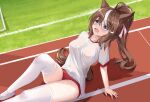  1girl absurdres arm_support blue_eyes blush breasts brown_hair buruma collarbone commentary_request dongyue_sakura foot_out_of_frame highres large_breasts long_hair multicolored_hair open_mouth ponytail red_buruma running_track shirt shoes sitting streaked_hair sweat thigh-highs thighs tokai_teio_(umamusume) umamusume white_footwear white_hair white_legwear white_shirt 