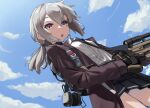  1girl backpack bag black_gloves black_neckwear black_panties black_skirt bolt_action chestnut_mouth cheytac_m200 clouds cloudy_sky collared_shirt commentary_request dutch_angle from_below girls_frontline gloves grey_hair gun hair_between_eyes headset headset_removed holding holding_gun holding_weapon jacket long_hair looking_at_viewer m200_(girls_frontline) necktie open_clothes open_jacket open_mouth panties pantyshot pleated_skirt ponytail rifle scope shirt skirt sky sniper_rifle solo trigger_discipline underwear upskirt violet_eyes weapon white_shirt yanagui 