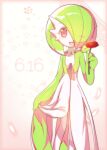  1girl bangs birthday blush bob_cut border choker colored_eyelashes colored_skin commentary dated eyebrows_visible_through_hair eyes_visible_through_hair flat_chest flower gardevoir gen_3_pokemon gradient gradient_background green_hair green_skin hair_over_one_eye hand_up happy heart heart_in_eye holding holding_flower lace lace_choker lifted_by_self light_blush looking_at_viewer lotosu mega_stone multicolored multicolored_skin one_eye_closed open_mouth orange_background orange_border petals pokemon pokemon_(creature) red_eyes red_flower shiny shiny_hair short_hair smile solo symbol_in_eye two-tone_skin white_choker white_skin 