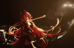  1girl absurdres arknights black_dress cowboy_shot dress duplicate head_tilt highres holding holding_instrument horns instrument long_hair music pixel-perfect_duplicate playing_instrument redhead single_sleeve solo standing surtr_(arknights) very_long_hair violet_eyes violin wushier 