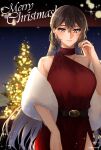  1girl alternate_costume bangs black_hair blush breasts christmas christmas_tree closed_mouth dress earrings hair_between_eyes highres jewelry kantai_collection large_breasts long_hair looking_at_viewer machi_(ritovoyage) merry_christmas nagato_(kancolle) red_dress solo sparkle twitter_username 