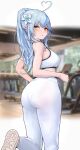  1girl absurdres ahoge ass bangs bare_arms bare_shoulders blue_hair blurry blurry_background blush breasts depth_of_field elf feet_out_of_frame from_behind gym heart_ahoge highres hololive indoors long_hair looking_at_viewer looking_back medium_breasts namake_(nmk44300) pants pantylines parted_lips pointy_ears ponytail shoe_soles sidelocks solo sports_bra standing standing_on_one_leg virtual_youtuber white_pants yellow_eyes yoga_pants yukihana_lamy 