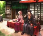  1boy 1girl :t black_bow black_hair black_kimono bow dango eating fate/grand_order fate_(series) food hair_bow hakama hijikata_toshizou_(fate) japanese_clothes kimono kusarebon okita_souji_(fate) okita_souji_(fate)_(all) parasol pink_hair pink_kimono ponytail red_hakama short_hair sitting umbrella wagashi 