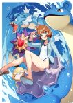  1girl :d bangs blue_eyes blurry brown_hair collarbone commentary_request covered_navel eyelashes gen_1_pokemon gyarados gym_leader highres holding holding_poke_ball inomata_konomu jacket lapras misty_(pokemon) one-piece_swimsuit open_clothes open_jacket open_mouth poke_ball poke_ball_(basic) pokemon pokemon_(creature) pokemon_(game) pokemon_hgss psyduck riding riding_pokemon sandals shiny shiny_hair short_hair smile sparkle starmie swimsuit toes tongue upper_teeth water water_drop white_swimsuit 