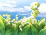  1girl bangs blue_sky bob_cut closed_mouth clouds colored_skin commentary day flat_chest flower french_text gardevoir gen_3_pokemon green_hair green_skin hair_over_one_eye hands_together happy holding holding_flower lily_of_the_valley looking_to_the_side lotosu multicolored multicolored_skin outdoors pokemon pokemon_(creature) red_eyes short_hair sky smile solo standing translation_request two-tone_skin white_flower white_skin 