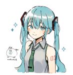  1girl artist_logo artist_name bangs blue_eyes blue_hair blush closed_mouth commentary eyebrows_visible_through_hair green_neckwear grey_shirt hair_between_eyes hatsune_miku long_hair looking_at_viewer necktie shiny shiny_hair shirt simple_background sleeveless sleeveless_shirt smile solo sparkle tattoo twintails upper_body vocaloid wandu_muk white_background 