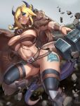  1girl abs bad_arm belt black_legwear blonde_hair blue_eyes blurry blurry_background braid breasts cape dragon_girl dragon_horns dragon_tail facial_tattoo floating_rock fur_cape hammer holding holding_hammer holding_weapon horns large_breasts leg_garter long_hair muscular muscular_female niur open_mouth original scar scar_on_chest scar_on_stomach shin_guards side_braid smile solo tail tattoo thigh-highs thigh_tattoo weapon 