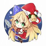  akutaa azur_lane bell blonde_hair chibi christmas earrings green_eyes hat highres holly holly_hat_ornament ice jewelry le_temeraire_(azur_lane) scepter wizard 