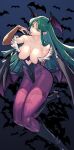  1girl absurdres bangs bat bat_wings breasts demon_girl green_eyes green_hair highres large_breasts leotard long_hair morrigan_aensland murata_tefu purple_legwear straight_hair vampire_(game) wings 