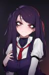  1girl bangs bartender blush breasts english_commentary eyeshadow fingernails hand_on_own_chest j.k. jill_stingray juliet_sleeves long_hair long_sleeves makeup necktie puffy_sleeves purple_hair red_eyes shirt signature solo swept_bangs twintails upper_body va-11_hall-a vest white_shirt 