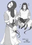  2boys arms_behind_back cat closed_eyes from_behind greyscale higashiyama_kazuko indian_style long_hair looking_back low-tied_long_hair luoxiaohei male_focus monochrome multiple_boys multiple_views sitting sleeping sleeping_on_person smile the_legend_of_luo_xiaohei very_long_hair wuxian_(the_legend_of_luoxiaohei) 