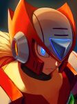  1boy absurdres android armor backlighting blonde_hair blue_eyes closed_mouth commentary_request from_side gradient gradient_background helmet highres hoshi_mikan male_focus mega_man_(series) mega_man_x_(series) portrait red_headwear robot_ears serious simple_background solo zero_(mega_man) 