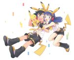  1boy 1girl :d alternate_costume ash_ketchum bangs black_hair black_legwear black_shorts blue_eyes blue_hair blush commentary_request dododo_dadada gen_1_pokemon hairband happy headphones highres hikari_(pokemon) kagamine_len_(cosplay) kagamine_rin_(cosplay) knees leg_warmers long_hair open_mouth pikachu pokemon pokemon_(anime) pokemon_(creature) pokemon_dppt_(anime) pokemon_ears pokemon_tail shirt shoes short_hair short_sleeves shorts smile spread_fingers tail tongue white_shirt yellow_eyes yellow_hairband 