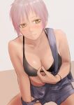 1girl black_bra blush bra breasts closed_mouth grey_overalls highres kilye_kairi large_breasts looking_at_viewer original overalls pink_hair short_hair sitting solo underwear wristband yellow_eyes 