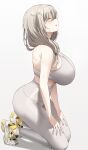  1girl arms_behind_back bangs bare_shoulders blush breasts closed_eyes grey_hair high-waist_pants highres huge_breasts k_pring kneeling long_hair pants shoes sneakers sports_bra uzaki-chan_wa_asobitai! uzaki_tsuki white_pants yoga_pants 