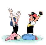  1boy 1girl :d arms_up ash_ketchum baseball_cap beanie black_gloves black_hair black_legwear black_shirt blue_eyes blue_hair blue_pants boots hikari_(pokemon) dododo_dadada eye_contact eyelashes fingerless_gloves from_side gloves grass hair_ornament hairclip hat jacket long_hair looking_at_another open_mouth pants pink_skirt pokemon pokemon_(anime) pokemon_dppt_(anime) red_headwear shirt shoes short_hair short_sleeves sitting skirt sleeveless sleeveless_shirt smile socks symbol_commentary tongue white_background white_headwear 