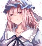  1girl absurdres bangs blue_headwear blurry blurry_background cherry_blossoms closed_mouth eyebrows_visible_through_hair hair_between_eyes hat highres looking_at_viewer mob_cap neck_ribbon pink_eyes pink_hair ribbon saigyouji_yuyuko shiranui_(wasuresateraito) short_hair simple_background smile solo touhou triangular_headpiece upper_body white_background 