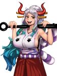  1girl aqua_hair bangs bare_arms bare_shoulders breasts chain club commission cuffs curled_horns earrings full_body geta hair_ornament hair_stick hakama high_ponytail highres holding holding_weapon horns japanese_clothes jewelry kanabou kevbot kimono large_breasts long_hair looking_at_viewer multicolored_hair multicolored_horns one_piece oni open_mouth orange_horns parted_bangs planted red_horns rope serious shackles shimenawa sideboob sidelocks simple_background sleeveless sleeveless_kimono solo two-tone_hair weapon white_background white_hair yamato_(one_piece) yellow_background yellow_eyes yellow_horns 