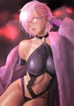  1girl adjusting_eyewear alternate_hairstyle breasts elbow_gloves fate/grand_order fate_(series) glasses gloves hair_over_one_eye highres kilye_kairi leotard looking_at_viewer mash_kyrielight navel open_mouth pink_hair short_hair solo tinted_eyewear violet_eyes 