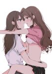 2girls azuko_(ampenm) blue_eyes blush bra breasts brown_hair commentary_request eye_contact eyebrows_visible_through_hair highres idolmaster idolmaster_cinderella_girls light_brown_eyes long_hair looking_at_another multiple_girls parted_lips shibuya_rin shimamura_uzuki underwear yuri