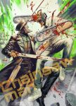  2boys absurdres black_neckwear blood chainsaw_man character_name collared_shirt copyright_name denji_(chainsaw_man) dress_shirt fighting highres katana_man_(chainsawman) knife kusarebon multiple_boys necktie pants shirt shoes sleeves_rolled_up sneakers white_footwear white_shirt wing_collar 