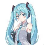  1girl bangs bare_shoulders black_sleeves blue_eyes blue_hair blue_neckwear blush breasts closed_mouth collared_shirt commentary_request detached_sleeves eyebrows_visible_through_hair grey_shirt hair_between_eyes hand_up hatsune_miku long_hair long_sleeves looking_at_viewer necktie noneon319 shirt simple_background sleeveless sleeveless_shirt small_breasts solo tie_clip twintails very_long_hair vocaloid white_background wide_sleeves 