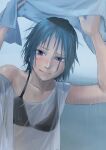  1girl black_bra blue_eyes blue_hair blush bra closed_mouth hands_above_head hands_up highres kilye_kairi looking_at_viewer mole mole_under_eye original rain see-through shirt short_hair smile solo underwear wet wet_clothes wet_shirt white_shirt 