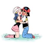  1boy 1girl ash_ketchum bangs baseball_cap beanie black_gloves black_legwear black_shirt blue_hair blue_pants boots bracelet hikari_(pokemon) dododo_dadada from_side gloves grass hair_ornament hairclip hat hug jacket jewelry kneeling long_hair open_mouth pants pink_skirt pokemon pokemon_(anime) pokemon_dppt_(anime) raised_eyebrows red_headwear shirt shoes short_sleeves skirt sleeveless sleeveless_shirt smile socks symbol_commentary tearing_up tongue white_background white_headwear |d 