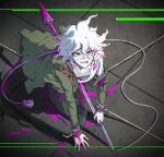  1boy arm_support bangs blood bloody_clothes bloody_weapon brown_pants chain collarbone dangan_ronpa_(series) dangan_ronpa_2:_goodbye_despair english_commentary eyebrows_visible_through_hair from_above green_jacket hair_between_eyes holding impaled jacket komaeda_nagito long_sleeves looking_at_viewer looking_up male_focus messy_hair off_shoulder pants pink_blood rope shirt smile solo weapon white_hair white_shirt wire yandr4hope 