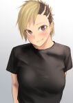 1girl black_shirt blonde_hair blush breasts brown_eyes buzz_cut closed_mouth highres kilye_kairi large_breasts looking_at_viewer original shirt short_hair short_sleeves simple_background smile solo tomboy upper_body very_short_hair white_background 