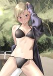  1girl bikini black_bikini blonde_hair blush breasts brown_eyes buzz_cut closed_mouth embarrassed hand_up highres jacket kilye_kairi long_sleeves looking_at_viewer medium_breasts o-ring o-ring_bikini open_clothes open_jacket original outdoors short_hair solo swimsuit very_short_hair 