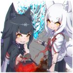  2girls animal_ear_fluff animal_ears arrow_(projectile) bangs black_hair black_hakama black_kimono blush bow_(weapon) closed_mouth commentary_request eyebrows_visible_through_hair fire fox_ears fox_girl fox_tail grin hakama hand_to_own_mouth highres holding holding_bow_(weapon) holding_weapon hydrokinesis japanese_clothes kimono kitsune kuro_(kuro_kosyou) kuro_kosyou lantern long_sleeves looking_at_viewer multiple_girls obi original sash shiro_(kuro_kosyou) short_eyebrows short_sleeves siblings sisters slit_pupils smile smoke tail tasuki thick_eyebrows twins water weapon white_hair white_kimono wide_sleeves yellow_eyes 