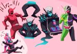  4boys belt briefcase dinosaur_tail dragging highres kamen_rider kamen_rider_den-o_(series) kamen_rider_double kamen_rider_revi kamen_rider_revice kamen_rider_vice kamen_rider_w momotaros monster multiple_boys open_mouth otokamu surprised tail trait_connection vice_(kamen_rider_revice) 